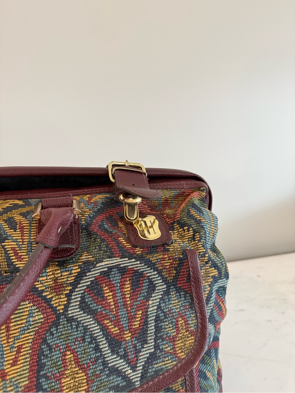 Vintage Diane Von Furstenberg Tapestry Leather Duffle Overnight Bag - Picture 7 of 8
